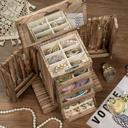 Jewelry Boxes for Women, 5 Layer Large Wooden Jewelry Organizer Box with Lock, Mirror & Drawers, Jewelry Boxes & Organizers for Necklaces Earrings Rings Bracelets (Rustic Brown)