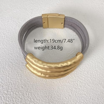 Bracelets for Women Leather Bracelet Multi-Layer Rope Wrap Bangle 14k Gold Plated Cirle Hollow Tube Boho Cuff Bangle Bracelets for Women Gift - style: Grey Leather Wrap