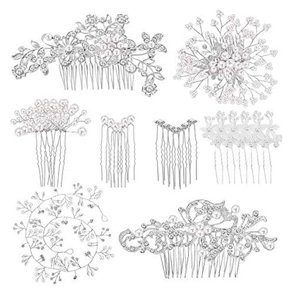 Maitys 44 Pieces Wedding Hair Accessories Faux Pearl Crystal Comb Clips U-shaped Flower Rhinestone Silver Pearl Hair Pieces for Prom Bride Bridesmaid (Classic Style) - style: Classic Style