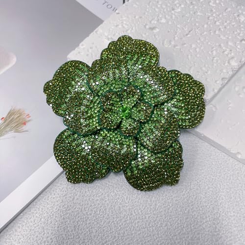 Rhinestone Flower Brooch Pin for Women Men Elegant Sparkly Crystal Camellia Floral Lapel Pins Shawl Dress Suit Clothes Accessories Wedding Party Fashion Jewelry 105mm - color: Olive Green