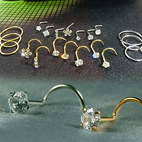 Nose Rings & Studs - 18g, 20g, 22g 14K Gold Bone Nose Studs for Women in Titanium Steel - color: 20g 10pcs Gold L 316L Surgical Steel