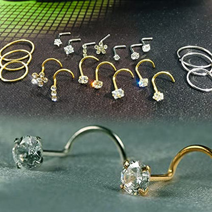 Nose Rings & Studs - 18g, 20g, 22g 14K Gold Bone Nose Studs for Women in Titanium Steel - color: 20g 10pcs Gold L 316L Surgical Steel