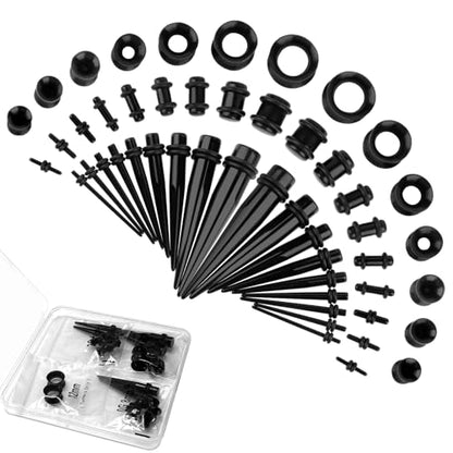 50 Pcs Ear Stretching Kit, Acrylic Gauges for Ears 14G-00G | Lightweight Tapers+ Plugs+ Silicone Tunnels, Gauge Stretching Kit, Piercing Earring Jewelry for Men, Women, Starter Expanders - color: Black