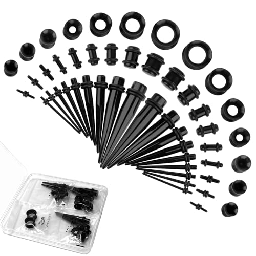 50 Pcs Ear Stretching Kit, Acrylic Gauges for Ears 14G-00G | Lightweight Tapers+ Plugs+ Silicone Tunnels, Gauge Stretching Kit, Piercing Earring Jewelry for Men, Women, Starter Expanders - color: Black