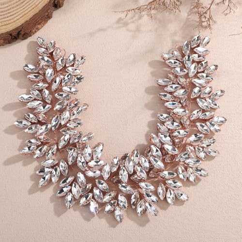 Missgrace Women Silver Green Black Red Blue Handmade Full Crystal Rhinestone Large Headband Hair Vine Shinny Headpiece Bridal Wedding Hair Accessories for Women (Rose gold) - color: Rose gold