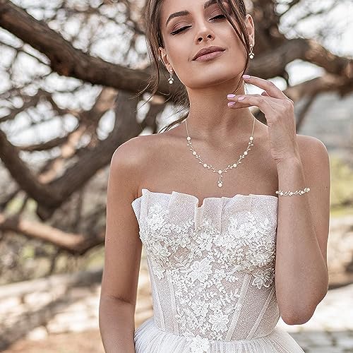EVER FAITH Cubic Zirconia Pearl Leaf Bridal Jewelry Set for Bride Women | White Wedding Prom Necklace Dangle Earrings Bracelet, for Bridesmaid - color: Pearl_Silver-Plated-Brass