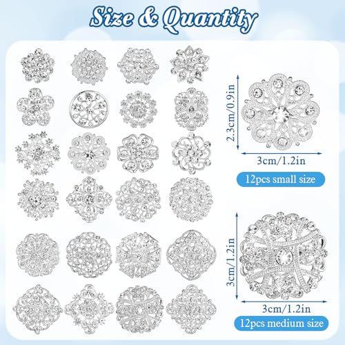 124 Pcs Rhinestone Brooch for Bouquet, Flower Brooch Rhinestone Diamond Brooches Crystal Corsage Boutonniere Stick Pins Embellishments for Crafting Wedding Decor Supplies(Silver)
