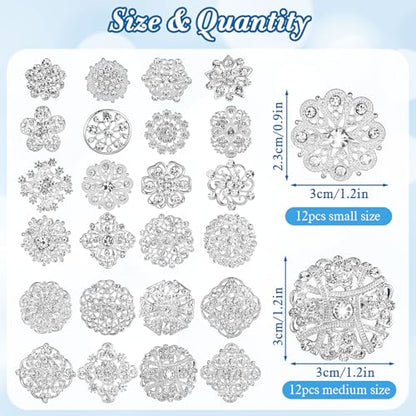 124 Pcs Rhinestone Brooch for Bouquet, Flower Brooch Rhinestone Diamond Brooches Crystal Corsage Boutonniere Stick Pins Embellishments for Crafting Wedding Decor Supplies(Silver)