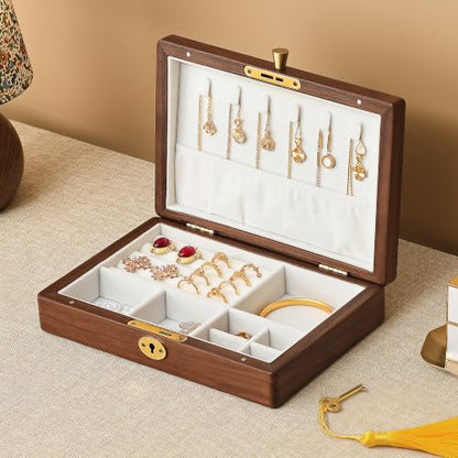 Black Walnut Wooden Lockable Jewelry Box, Natural Solid Wood Jewelry Organizer, Velvet Lined Case with Adjustable Dividers for Necklace Ring Earrings Bracelet, Handcrafted Gifts for Mom Women Girls - color: 1 Layer Lockable