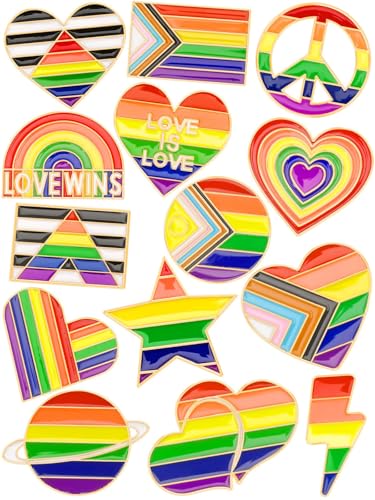 JUNEBRUSHS Rainbow Pride Pins,28 Pcs Bulk LGBT Lapel Pin Gay Heart Flag Brooch Pins for Pride Parades Pride Month Gay LGBT Party Favors Clothes Bags Accessories Gifts(14 Styles) - style: Pride Style