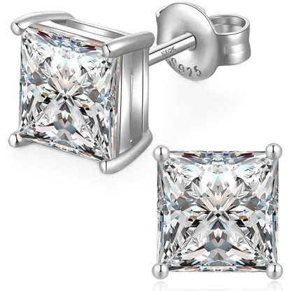Jiamiaoi 18K White Gold Plated Stud Earrings 925 Sterling Silver Round and Square Cut Princess Cut 5A+ Cubic Zirconia Stud Earrings 4mm to 8mm Fashion Jewelry for Men Women - color: B-Silver-Square, size: 7mm