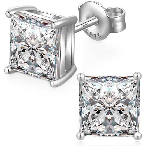 Jiamiaoi 18K White Gold Plated Stud Earrings 925 Sterling Silver Round and Square Cut Princess Cut 5A+ Cubic Zirconia Stud Earrings 4mm to 8mm Fashion Jewelry for Men Women - color: B-Silver-Square, size: 5mm