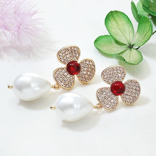 Earrings Holy Stud Earrings for Girls/Women, Sliver Gold Wedding Earrings for Bridesmaids - color: Red Diamond Pearl|Gold