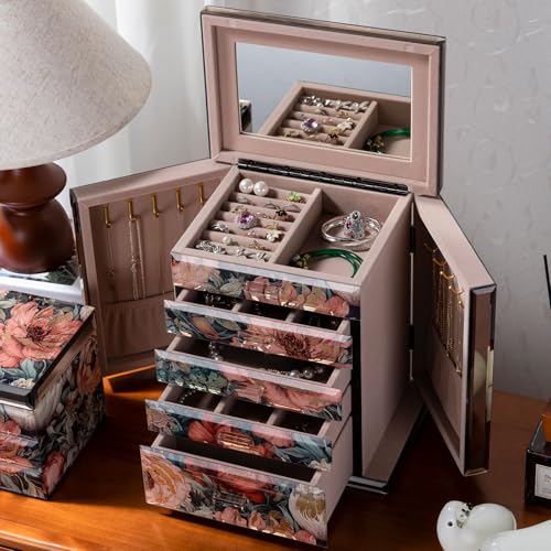 Glass Vintage Painting Jewelry Box,5-Layer Storage Case,Art Desktop Decorations Gift for Women,Jewelry Organizer For Necklaces Rings Earrings Bracelets,Gift For Women,Gift For Mom - color: Red, size: 5-layer