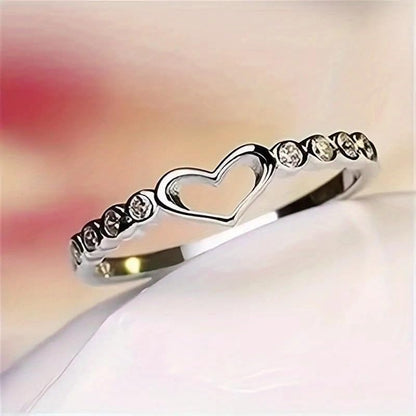 Simple Silver Plated Inlay Zirconia Hollow Heart Rings for Women Engagement Wedding Rings Jewelry - color: Silvery, size: 6