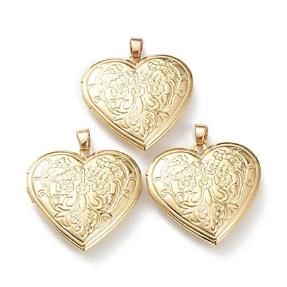 Craftdady 18K Gold Plated Brass Photo Locket Frame Pendants Charms for Necklaces Personalized Jewelry Crafts Making - size: 29x28.5mm Heart with Flower