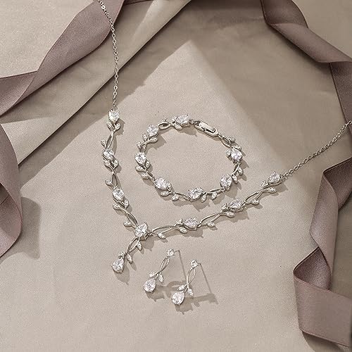 EVER FAITH Cubic Zirconia Pearl Leaf Bridal Jewelry Set for Bride Women | White Wedding Prom Necklace Dangle Earrings Bracelet, for Bridesmaid - color: CZ_Clear Silver-Plated-Brass