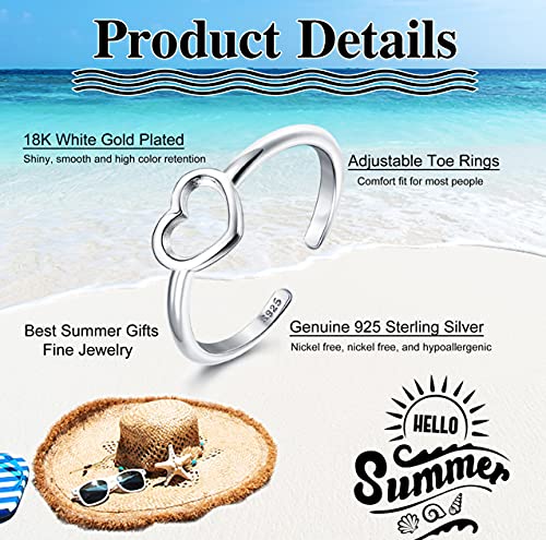 MILACOLATO Toe Rings for Women 925 Sterling Silver Adjustable Toe Ring | Adjustable Open Band Toe Rings, Hypoallergenic Ring for Sensitive Skin, Non Tarnished Waterproof Summer Beach Foot Jewelry - color: Heart