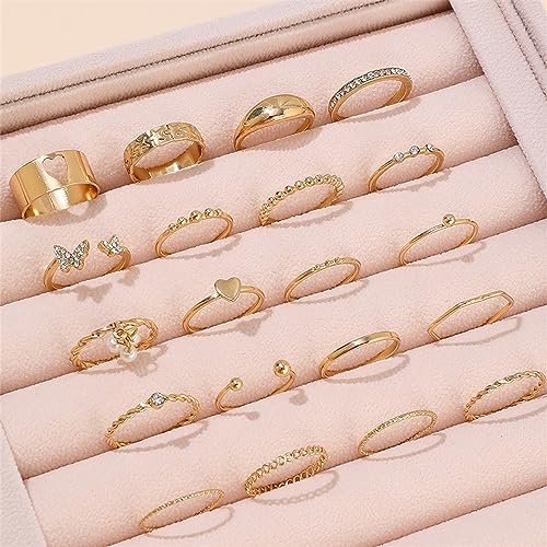 HUASAI Gold Stackable Rings Set for Women Boho Dainty Moon Star Pearl Leaf Cubic Zirconia Heart Midi Pinky Trendy Jewelry Birthday Gifts - color: E Gold Pearl Rings 21 Pcs