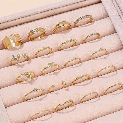 HUASAI Gold Stackable Rings Set for Women Boho Dainty Moon Star Pearl Leaf Cubic Zirconia Heart Midi Pinky Trendy Jewelry Birthday Gifts - color: E Gold Pearl Rings 21 Pcs