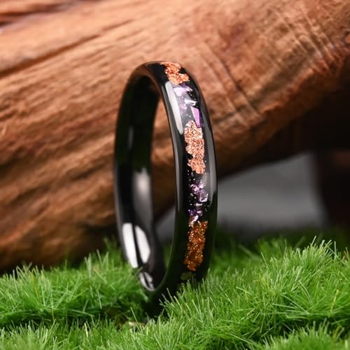 Tungsten Rings for Men and Women 8mm/4mm Men’s Wedding Bands | 8mm Black Inlaid Purple Galaxy Opal Fashion High Polished Suitable for engagement and anniversary parties comfortable fit - color: 4mm gold and purple
