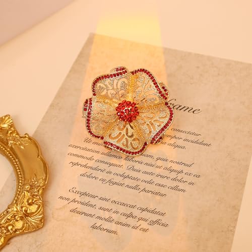 Elegant Big Crystal Flower Ring for Women Gold Rhinestone Floral Rings Open Finger Adjustable Crystal Flower Statement Ring Jewelry for Bridal Wedding - color: Flower 1 - red