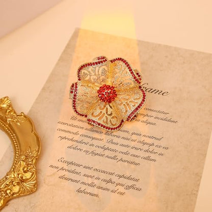 Elegant Big Crystal Flower Ring for Women Gold Rhinestone Floral Rings Open Finger Adjustable Crystal Flower Statement Ring Jewelry for Bridal Wedding - color: Flower 1 - red