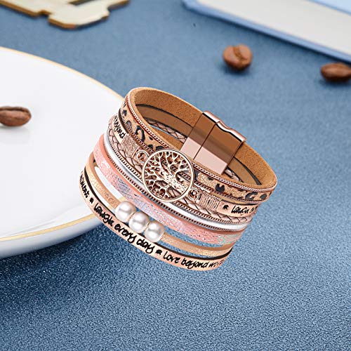 Desimtion Inspirational Tree of Life Boho Leather Wrap Bangle Bracelets for Women, Teen Girl Gifts Trendy Stuff, Fashion Accessories Jewelry Gifts for Women Girls - color: Rose Gold