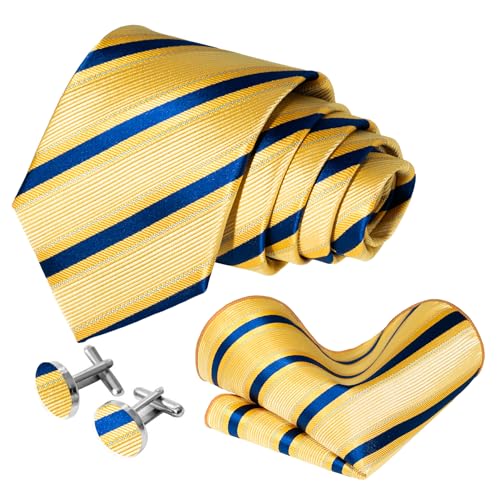 5PCS Mens Silk Tie, Pocket Square, Cufflinks, Drilled Tie Ring and Lapel Pin Set for Wedding Groom Party - color: Gold Tie Set -300+7