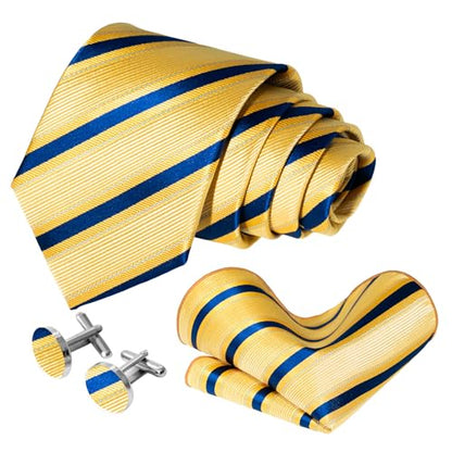 5PCS Mens Silk Tie, Pocket Square, Cufflinks, Drilled Tie Ring and Lapel Pin Set for Wedding Groom Party - color: Gold Tie Set -300+7