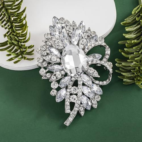 SELOVO Big Large Flower Bow Brooch Scarf Decoration Brooch Pin Gold Tone - color: Clear&Silver-tone