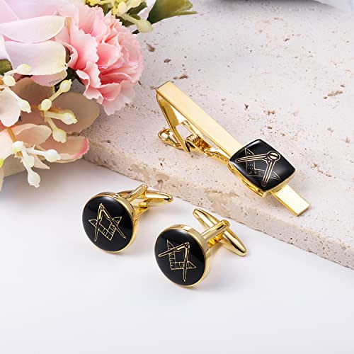 HAWSON Metal Cufflinks and Tie Clip Set for Men Novelty Cuff Links and Tie Bar Gifts for Wedding Level,Football, Musical Symbols Designs - color: Gold Masonic set