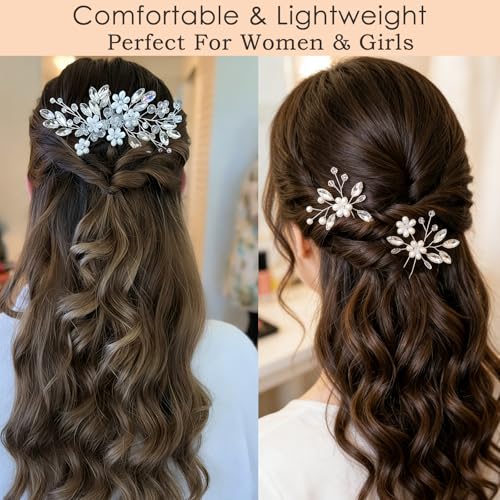 9 pcs Wedding Hair Accessories Bridal Hair Pins Silver Rhinestone with Pearls Hair Pieces for Brides Women Girls (Sliver White) - color: Sliver White