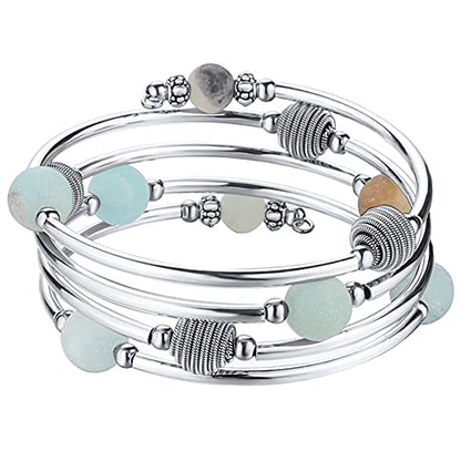 PEARL&CLUB Beaded Chakra Bangle Turquoise Bracelet - Fashion Jewelry Wrap Bracelet with Thick Silver Metal and Mala Beads, Birthday Gifts For Women - color: 63-Agate Green