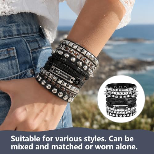 4 Pcs Edgy Punk Bracelets Set, Leather Vintage Punk Rock Spiked Studded Bangle Cuff Bracelets Alternative Wrist Bands for Women Men Biker Rockers Fashion Accessories