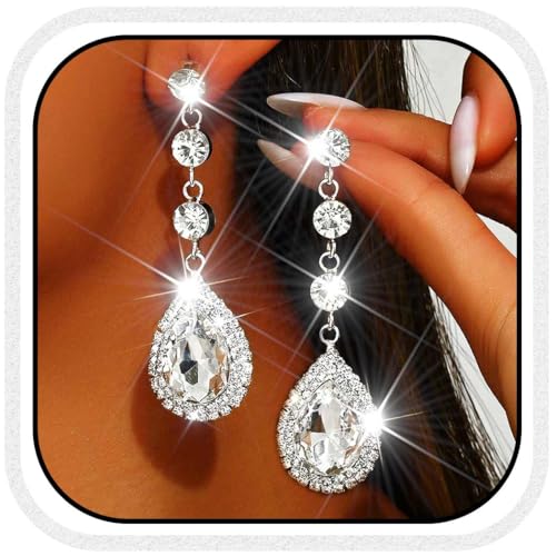 Catery Rhinestone Earrings Silver Crystal Teardrop Earrings Long Wedding Jewelry for Women - color: Silver