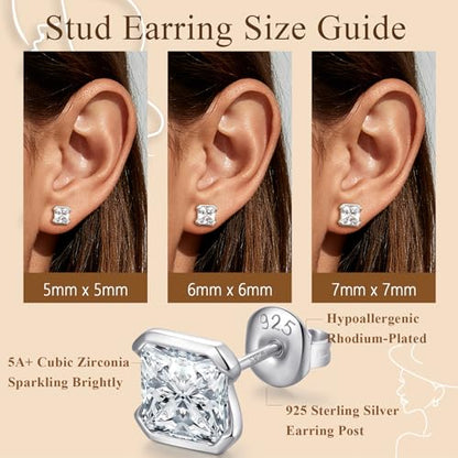 Brilliant Heart-cut/Oval-cut/Trillion-cut/Cushion-cut/Emerald-cut/Marquise-cut Stud, 925 Sterling Silver Cubic Zirconia Stud Earrings for Women Men - style: G-Square-cut-silver