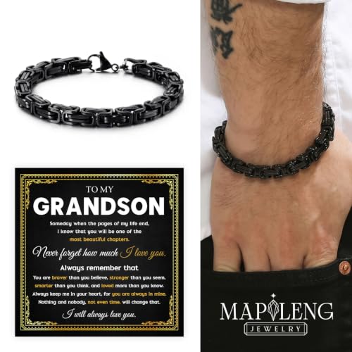 Grandson Gifts from Grandma Grandpa, Black Stainless Steel Bracelet with Meaningful Message Card, Birthday Gift for Grandson, Graduation Christmas Gift, Inspirational Keepsake Jewelry for Men - color: Grandson #7