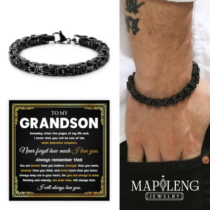 Grandson Gifts from Grandma Grandpa, Black Stainless Steel Bracelet with Meaningful Message Card, Birthday Gift for Grandson, Graduation Christmas Gift, Inspirational Keepsake Jewelry for Men - color: Grandson #7