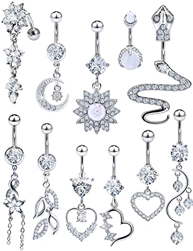 Prjndjw Belly Button Dangle 14G Surgical Steel Rings Pregnancy Snakes Glow CZ Heart Silver 11pcs Piercing Kit - color: Silver White Belly button ring