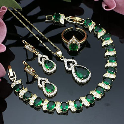 LMXXVJ Women Jewelry Set Platinum Plated Necklace Open Ring Earrings Bracelet Set,Birthday/Anniversary Mother’s Day Jewelry Gifts for Mom/Wife/Sister/Best Friend - color: Yellow Gold-Green
