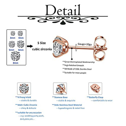Top Plaza Stainless Steel Stud Earrings, CZ Earring Set for Women Men | Hypoallergenic Stud Earrings Round Cubic Zirconia Earrings Set of 5, 3mm-8mm Daily Studs - color: Gold