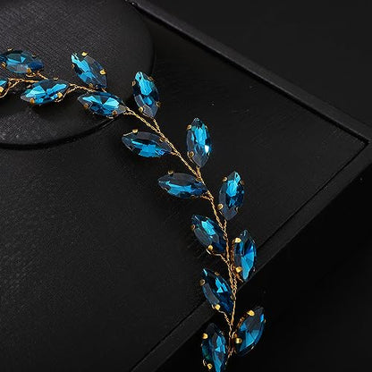 Teyglen Bride Wedding Crystal Hair Vine Full Blue Crystal Headband Bridal Hair Accessories Wedding Headpiece Handmade Rhinestone Hair Piece Headband for Women Girls (Peacock Blue) - color: Peacock Blue
