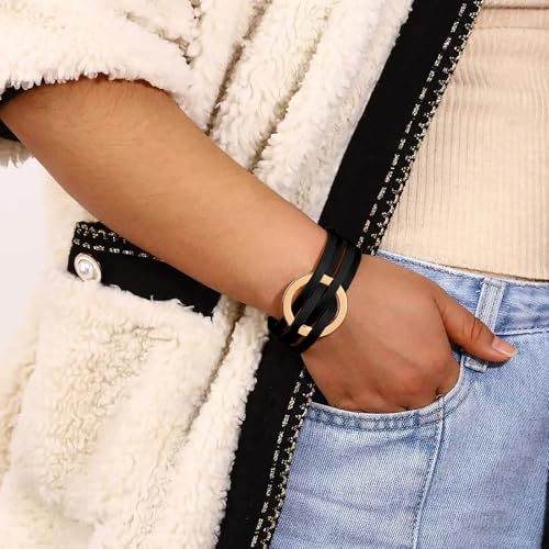 Fesciory Leather Wrap Bracelet for Women, Boho Western Layered Cuff Jewelry | Stackable Bracelets, Easy-On Clasp, Daily Wear, Pairs with Boho Western Outfits, Gift for Women - color: Black14