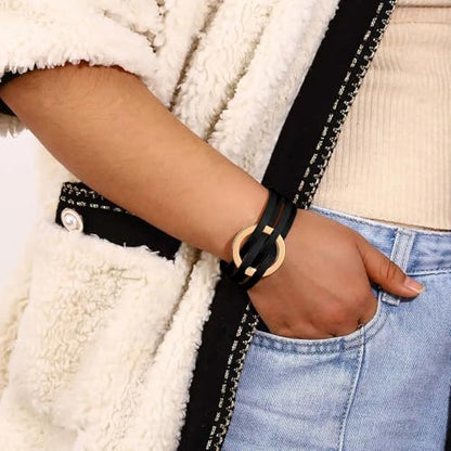 Fesciory Leather Wrap Bracelet for Women, Boho Western Layered Cuff Jewelry | Stackable Bracelets, Easy-On Clasp, Daily Wear, Pairs with Boho Western Outfits, Gift for Women - color: Black14