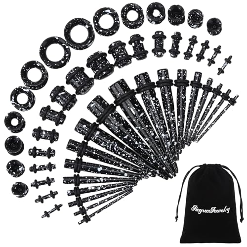 JieyueJewelry 50/54 Pcs Ear Stretching Kit 14G-00G | Acrylic Tapers & Plugs with Silicone Tunnels, Ear Gauges Expander Set Body Piercing Jewelry for Women and Men - color: Black & White Splatter