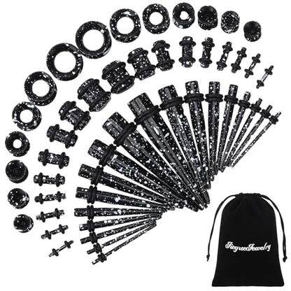 JieyueJewelry 50/54 Pcs Ear Stretching Kit 14G-00G | Acrylic Tapers & Plugs with Silicone Tunnels, Ear Gauges Expander Set Body Piercing Jewelry for Women and Men - color: Black & White Splatter