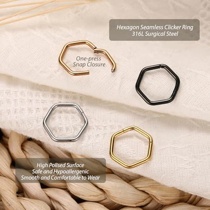 FUNLMO Septum Ring Nose Ring Daith Piercing Jewelry 316L Surgical Steel Hexagon Septum Jewelry Tragus Helix Rook Cartilage Conch Piercing Jewelry - color: Rose gold