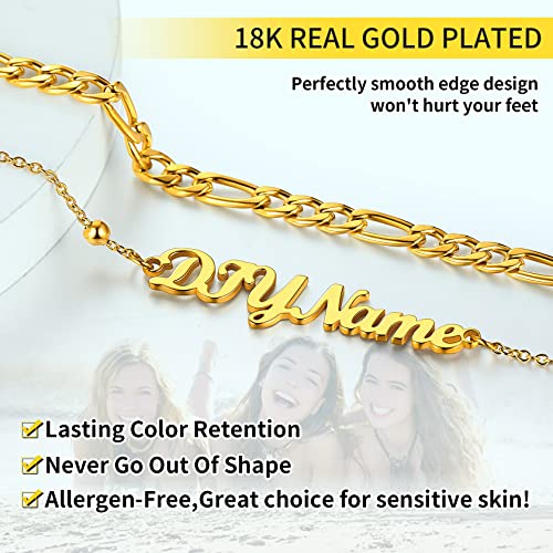 ChainsHouse Double Layer Anklet Bracelet for Women,Adjustable Chain Anklets Stackable Dainty Anklets,Stainless Steel/Gold Plated/Black Ankle Jewelry Gifts - color: B-Gold Plated-Figaro Chain