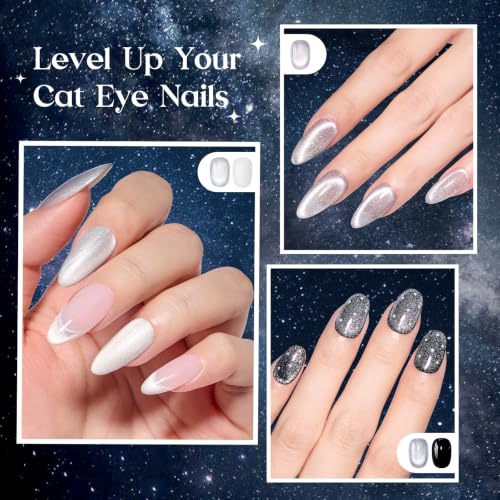 Beetles Silver Cat Eye Gel Nail Polish Set, Dusted Galaxy 6 Colors Magnetic Glass, Crystal, Pearl, Reflective & Glitter Silver Cat Eye Gel Polish Set with 2 Magnets, DIY Color Card for UV - color: A - Silver Cat Eye | Dusted Galaxy
